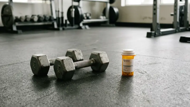 Pill bottle next to dumbbells