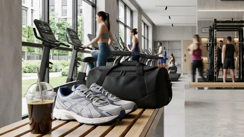 Coffee with people working out in the background