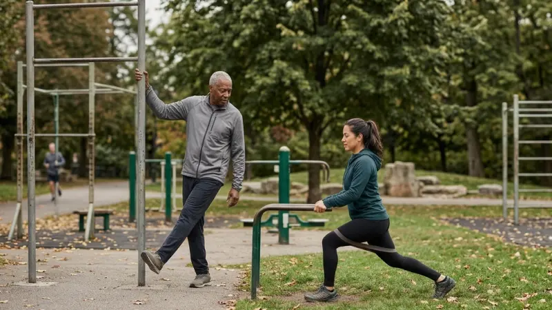 Older man and younger woman warming up