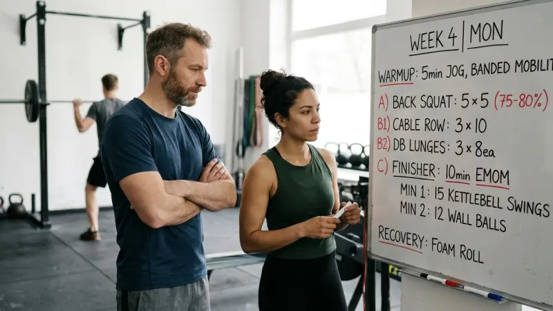 man and woman staring at a board with exercises listed