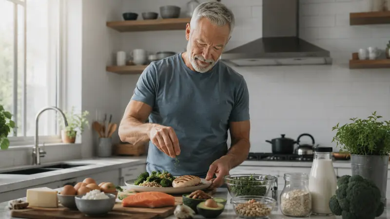 Older man surrounded my proteins