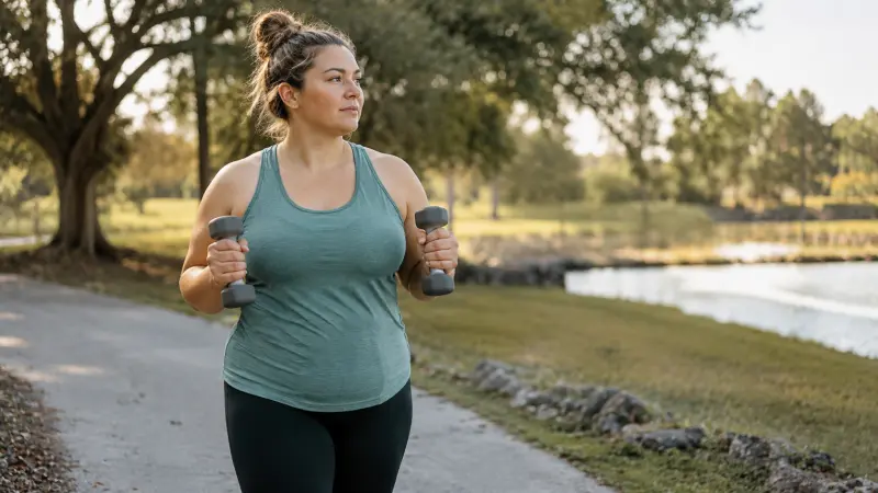 Woman holding weights on a walk